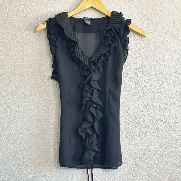 Antilia Femme Blouse Tie Waist Sheer Black Ruffle Hem Pleated Button Up Sz Large - Picture 1 of 8